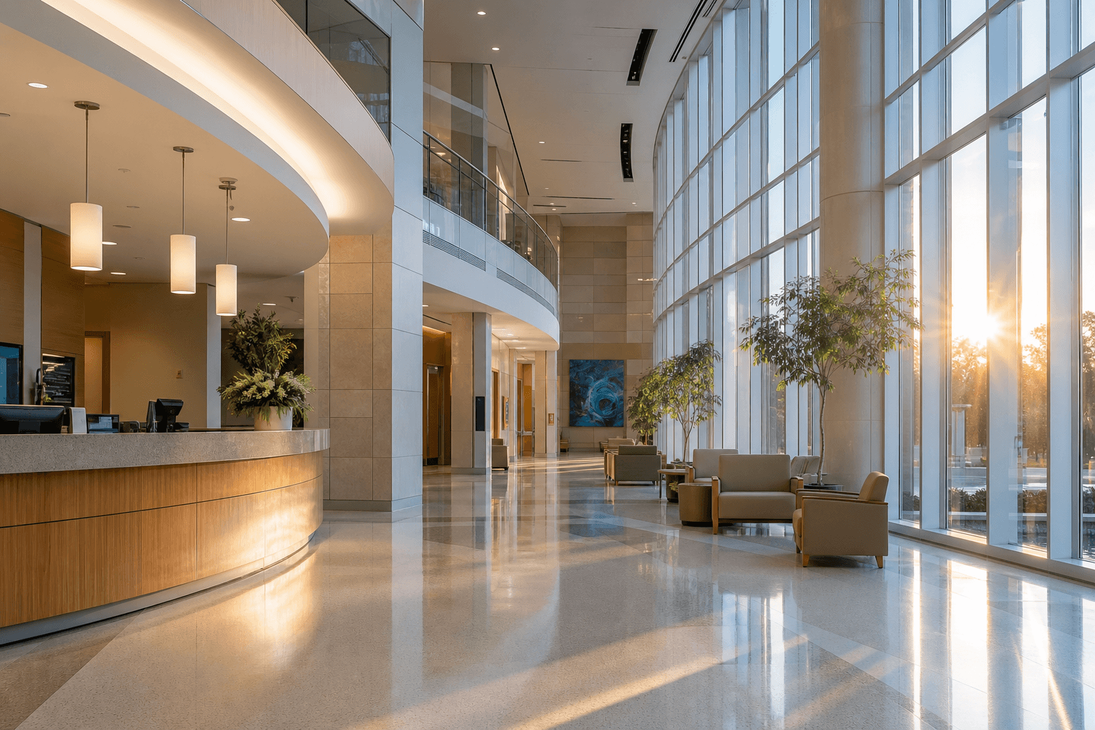 Modern hospital atrium with glass walls and indoor trees